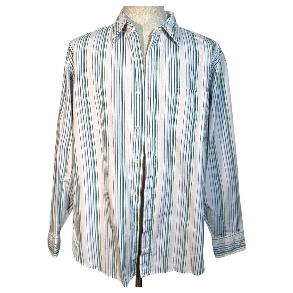 J Crew Mens Size L Striped Button Down Shirt 2-Ply Cotton Green Blue Pink White - Picture 2 of 9